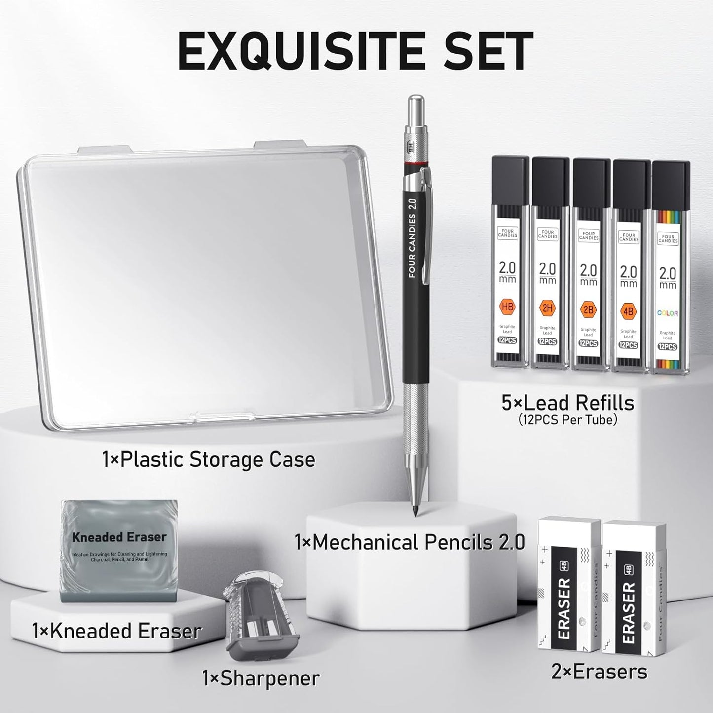 Four Candies 2MM Mechanical Pencil Set with case, Artist Led Pencil Metal Lead Holder with 60PCS Graphite Lead Refill (HB, 2H, 2B, 4B, Color) Kneaded Eraser, Sharpener for Writing, Drawing, Sketching