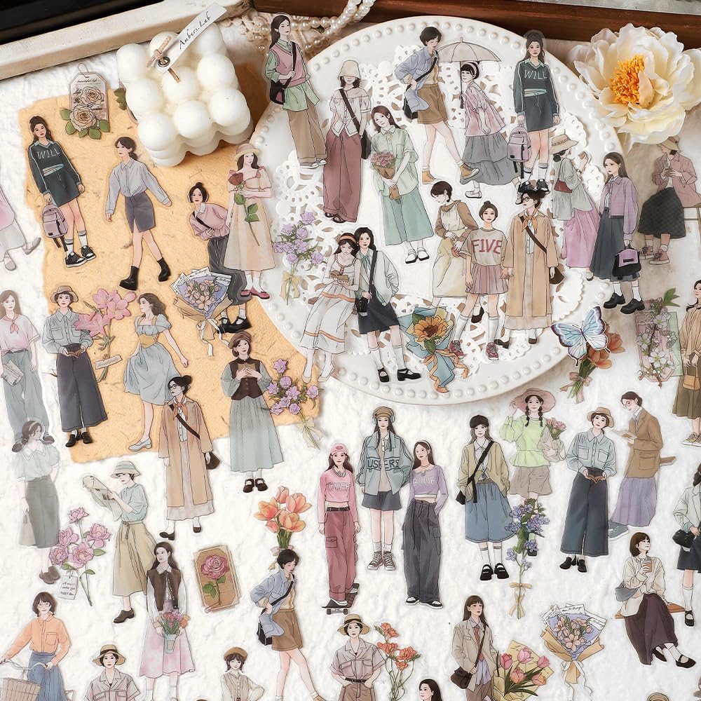 Alideco 120pcs Scrapbook Stickers Set Kawaii Vintage Fashion Girl People Stickers for Journaling Scrapbooking Junk Journal Crafts Embelishment Decoration Diary (langmanjiangzhi)