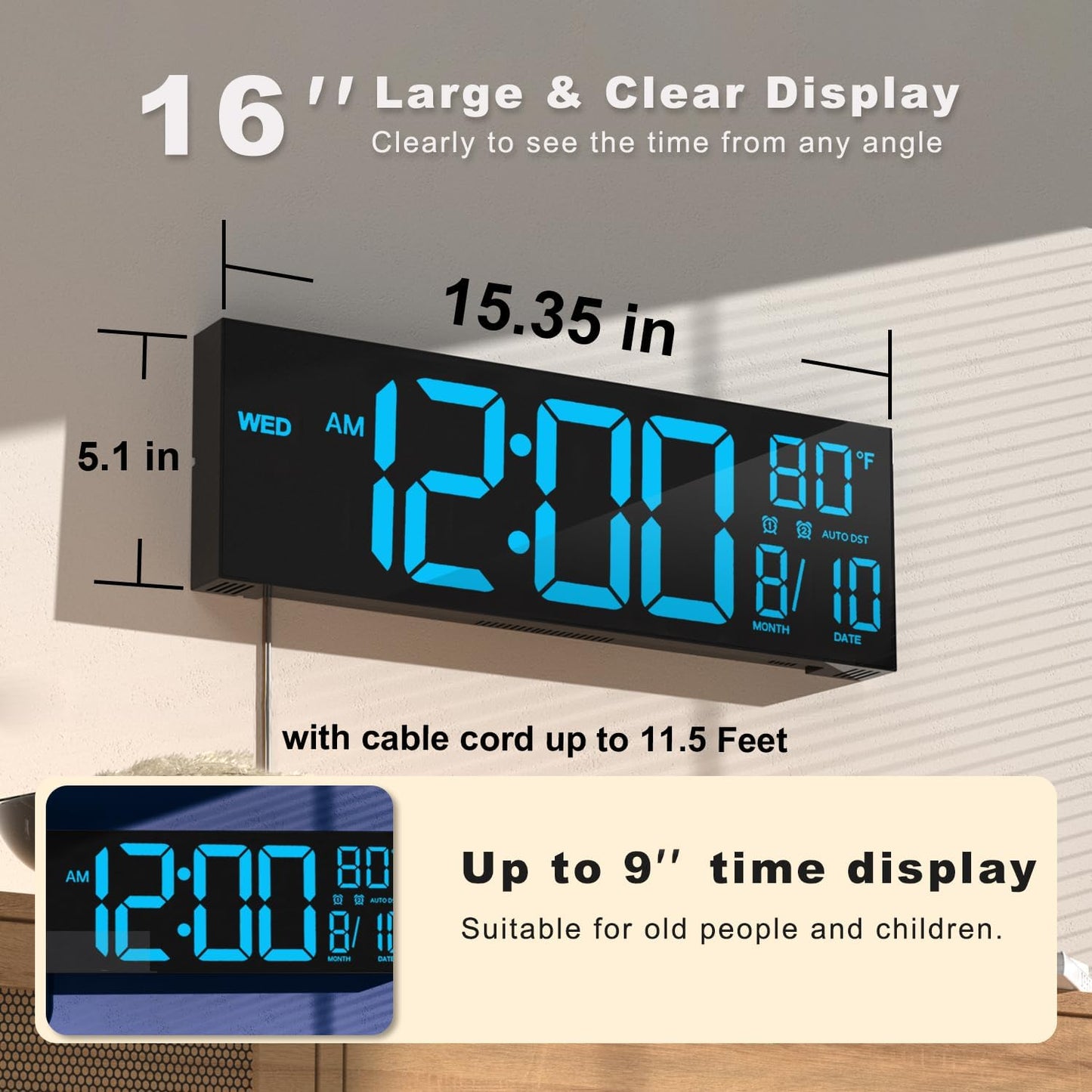 JALL 16" Large Digital Wall Mount Clock, Count Down Timer, Alarm, Big LED, DST, Temperature for Living Room Classroom Desk, Xmas, Birthday Gift for Senior Men Women Mom Dad, Blue
