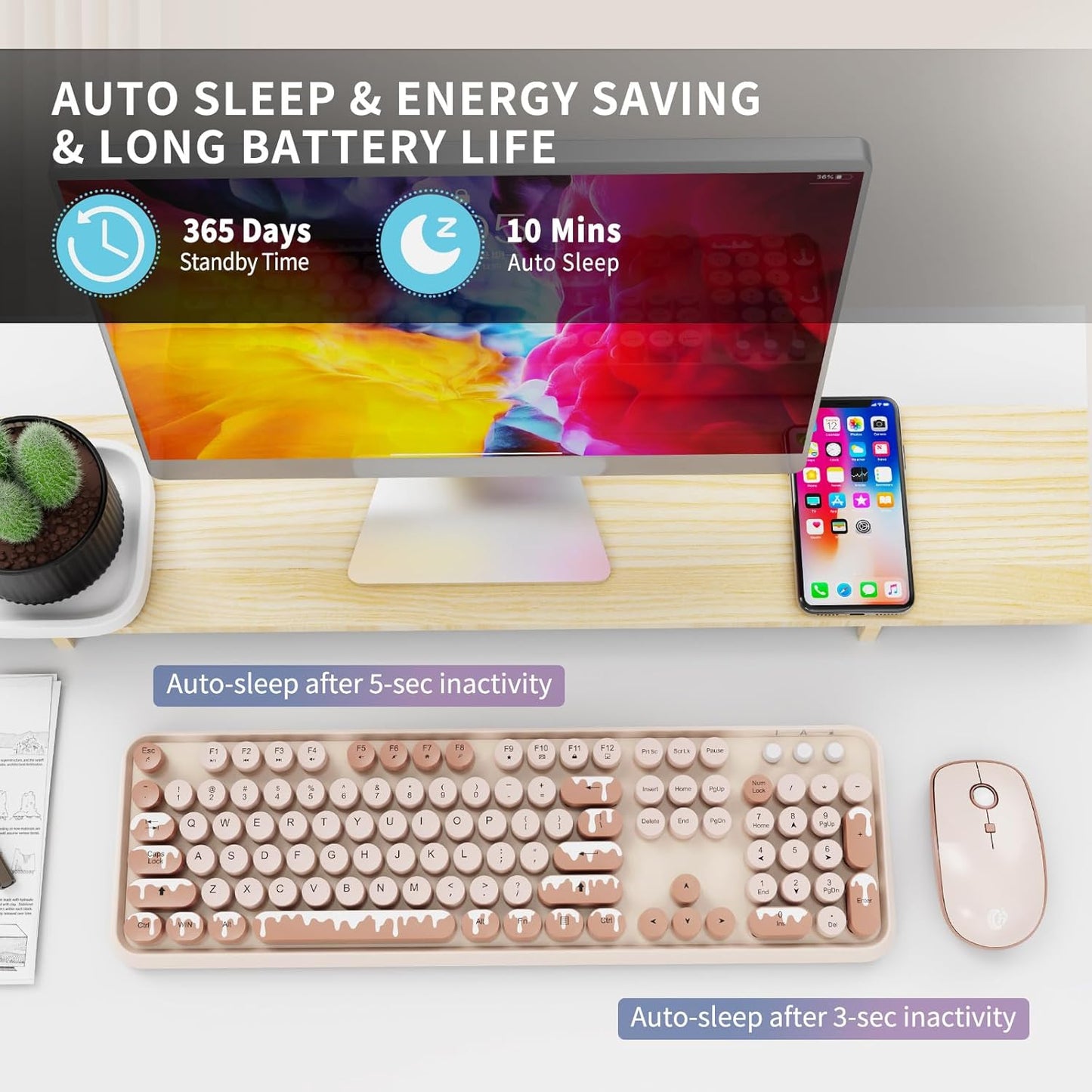 Wireless Keyboard and Mouse Combo, 2.4 GHz Wireless Full-Sized Typewriter Keyboard with Round Keycaps for Windows, Computer, Desktop, PC, Laptop (Ice Cream)