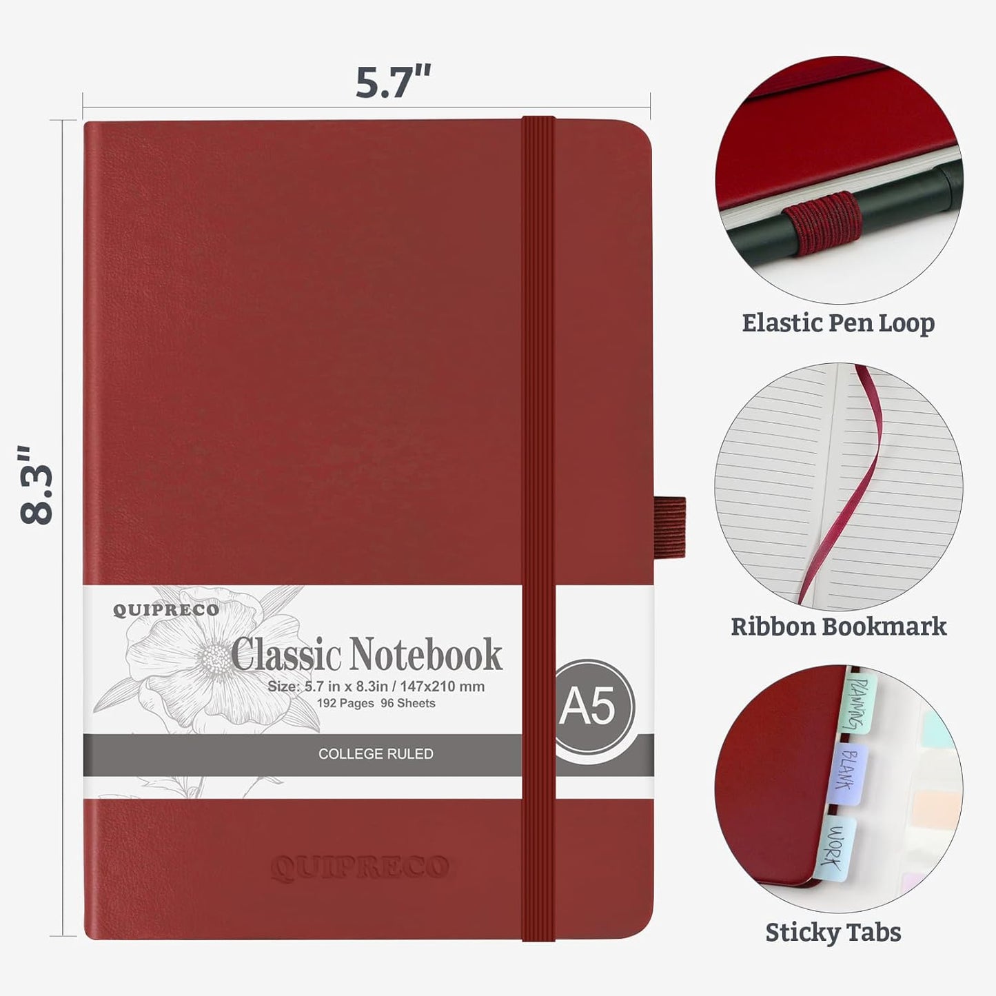 Hardcover Lined Bullet Dotted Journal Notebook, A5 140 192 Pages 100 120Gsm Paper College ruled for School,Work,Travel,and Daily Planning，5.7''*8.3'' (1, Burgundy, A5 Lined)