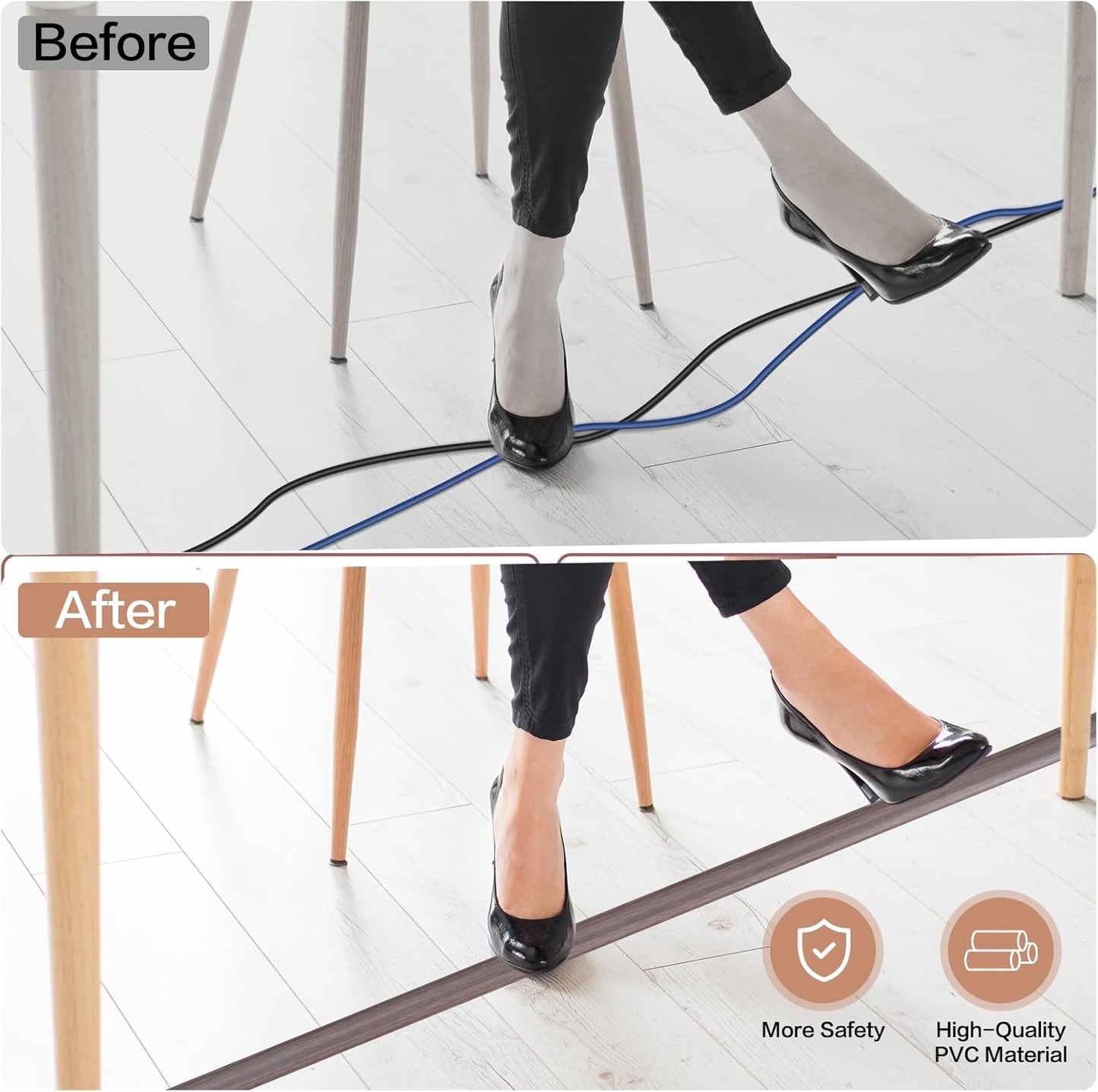 Floor Cord Cover Self Adhesive Cord Hider Floor Extension Cord Covers for Floor Power Cord Protector Cable Management Prevent Cable Trips Cable Cavity 0.51" W x 0.31" H (Brown Walnut Wood, 3.3Ft)