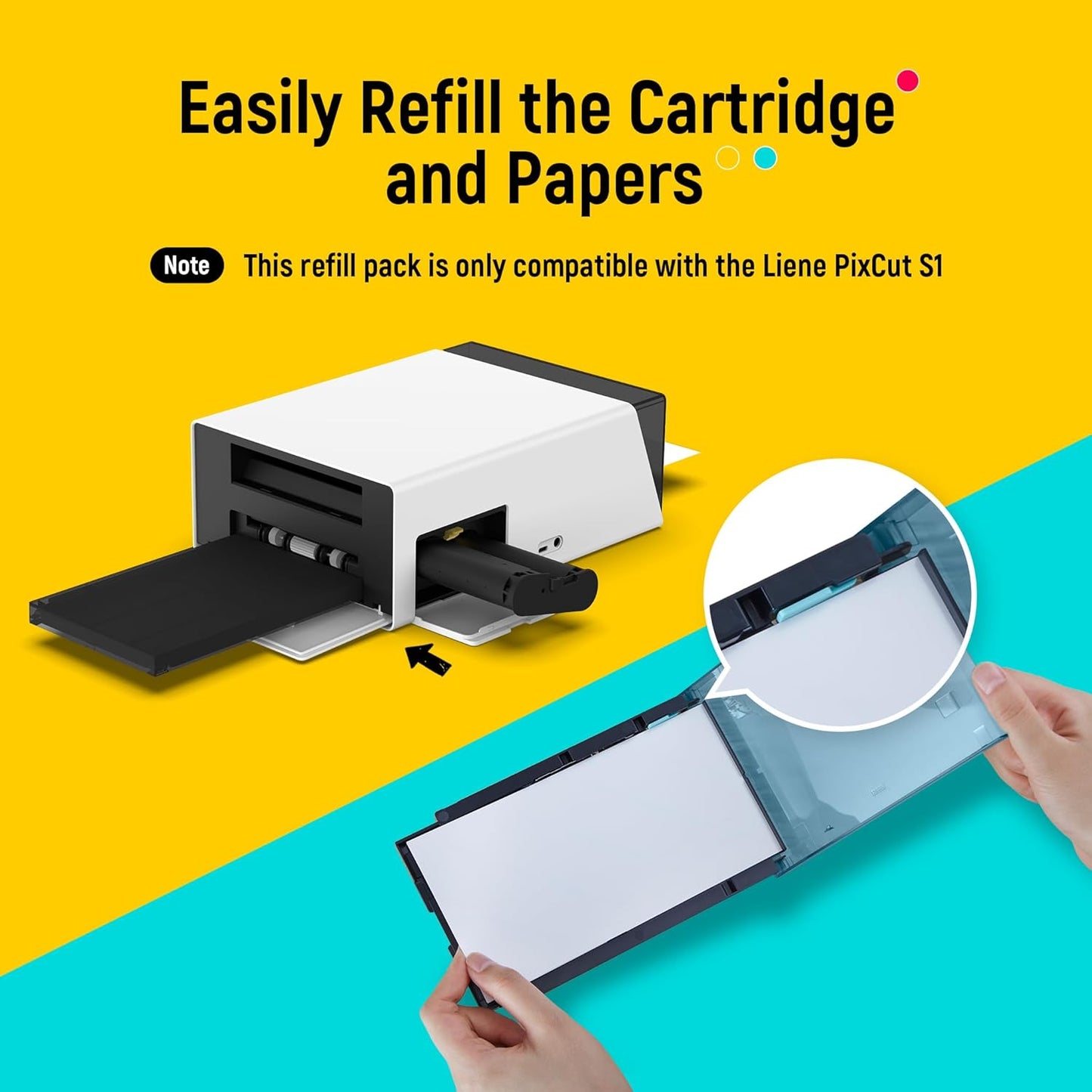 Liene Sticker Paper & Cartridge (Enhanced Adhesion Version) - 2 Ink Cartridge Refills & 72 Sheets 4x7" Photo Paper, Dye Sublimation Waterproof, Compatible with Liene PixCut S1