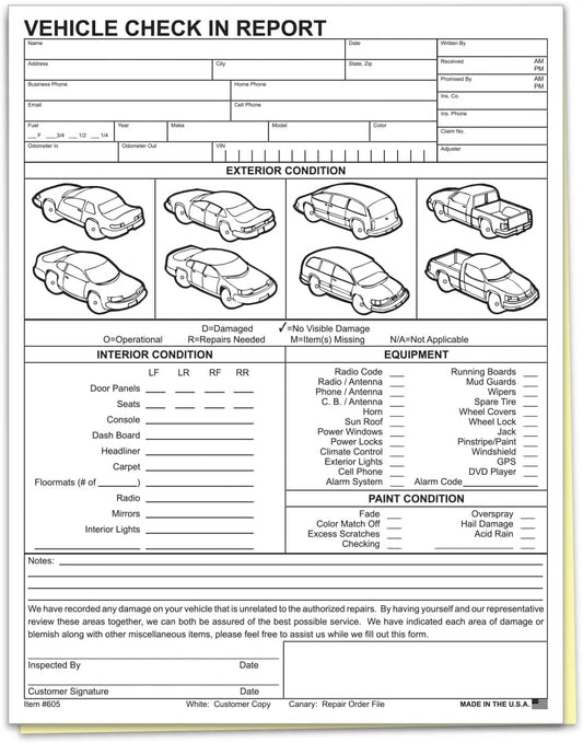 Vehicle Check-In Form Pad – 8.5" x 11" 2-Part Carbonless Auto Condition Report – White & Canary Copies – Service Intake Sheet for Car Dealerships, Repair Shops & Mechanics – Pack of 100