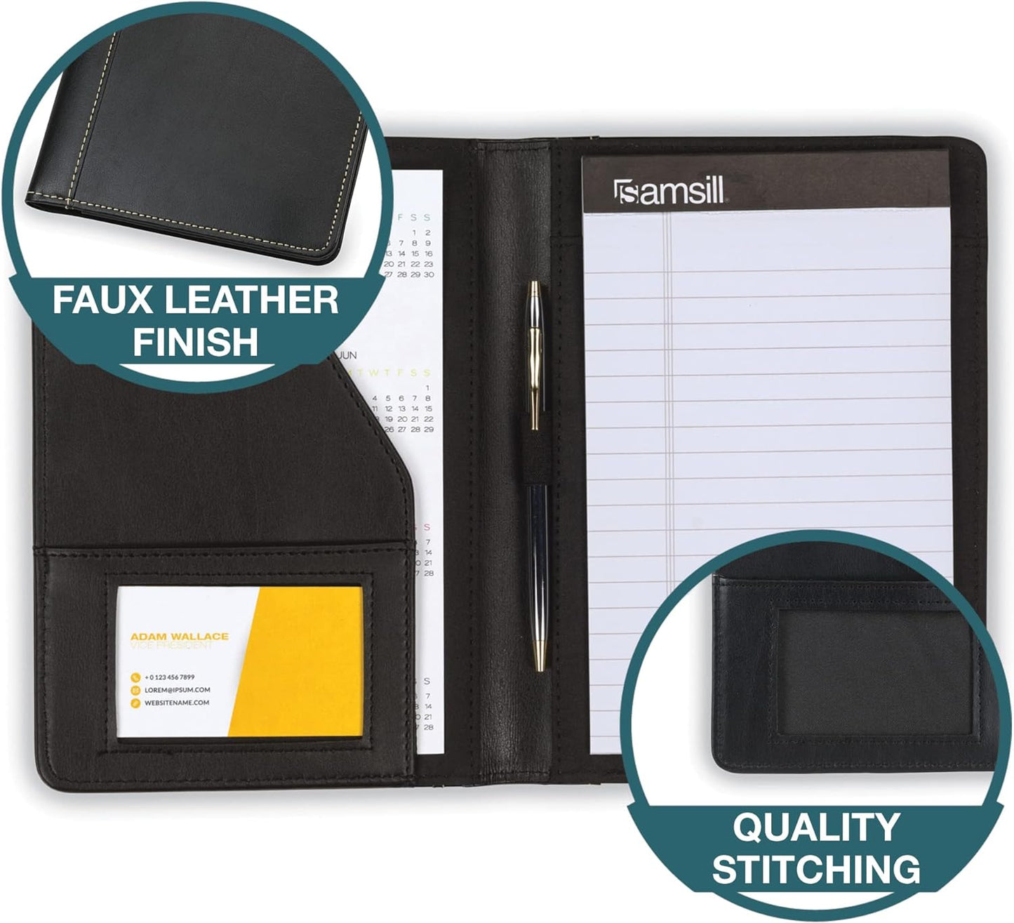Samsill Contrast Stitch Faux-Leather Portfolio, Mini Size Business Interview Professional Padfolio, Includes 5 x 8 Inch Writing Pad, Black