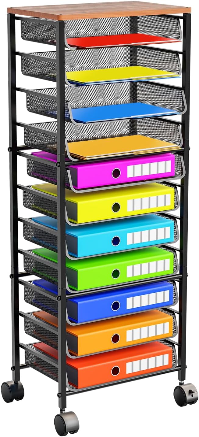 Simple Trending 12 Tier Rolling File Cart,Wood Desk File Organizer with Sliding Trays and Wetal Mesh Paper Letter Storage Multi-Functional Rolling Clutter Cart for Office, Home, School, Black