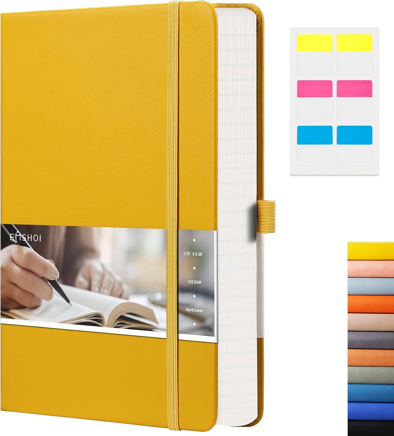 EMSHOI College Ruled Notebook 120gsm Thick Lined Journal - 256 Numbered Pages, A5 Hardcover Leather Writing Notebook for Work, School, Travel - with Sticky Notes, 5.75"x8.38", Yellow