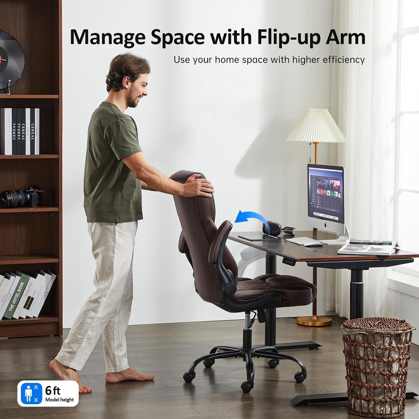 Office Chair, Executive Leather Chair Home Office Desk Chairs, Ergonomic Computer Desk Chair with Adjustable Flip-Up Arms, Lumbar Support Swivel Task Chair with Rocking Function (Brown)