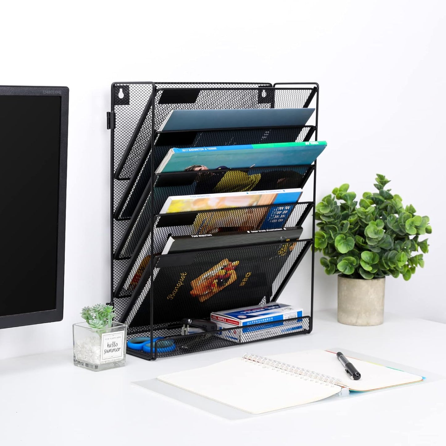 EasyPAG 5-Tier Wall File Holder, Mesh Hanging Folder Organizer with Classify Label, Versatile Desk File Organizer for Office Home, Vertical Wall Mounted Mail Sorter, Easy Assembly, 2 Pack Black