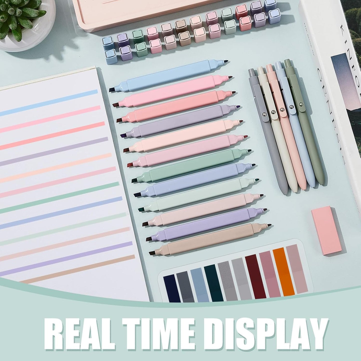 Jutom 38 Pcs Book Annotation Kit Aesthetic Highlighters Gel Pens Set Sticky Notes Tabs Markers Dual Ended Highlighter Quick Dry Ink Pens for Office Annotating Books(Earth Tones,Square)