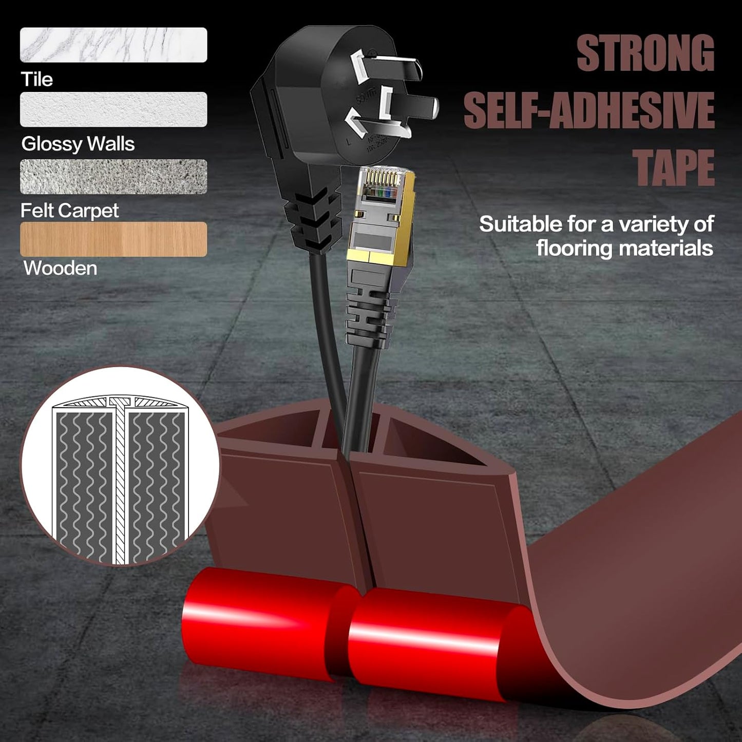 Floor Cord Cover Self Adhesive Cord Hider,10FT Cable Management, Extension Strip Protector for Wires, Prevent Cable Trips for Offices, Gyms, Exhibitions Cavity:0.47"(W) x 0.35"(H) Coffee