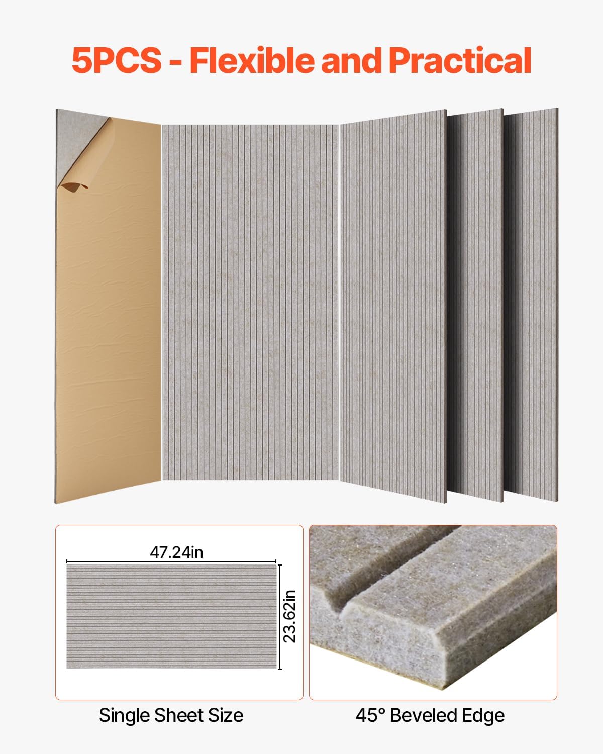 VEVOR 5 Pack Acoustic Panels with Self Adhesive, 47.2 x 23.6 x 0.4 inch Sound Proof Foam Panels, Polyester Fiber Soundproof Wall Panels High Density, for Home, Studio, Office, Theater, Camel
