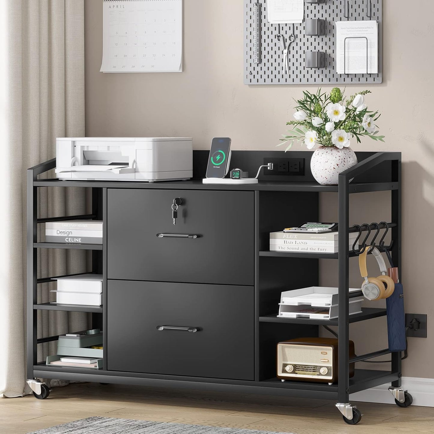 SEDETA 44" File Cabinet, Filing Cabinets fits Legal, Letter, A4 Size, 2 Drawer Office File Cabinet for Home Office with Lock, Power Strip, 6 Adjustable Shelves & 4 Hooks, Black