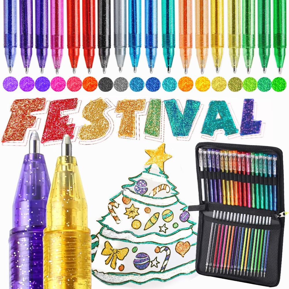 ZSCM 36 Pack Metallic Glitter Gel Pens Set, 18 Colors Sparkle Gel Pens with 18 Glitter Pen Refills in Canvas Bag for Adult Coloring Book Drawing Crafts Scrapbooks Journaling