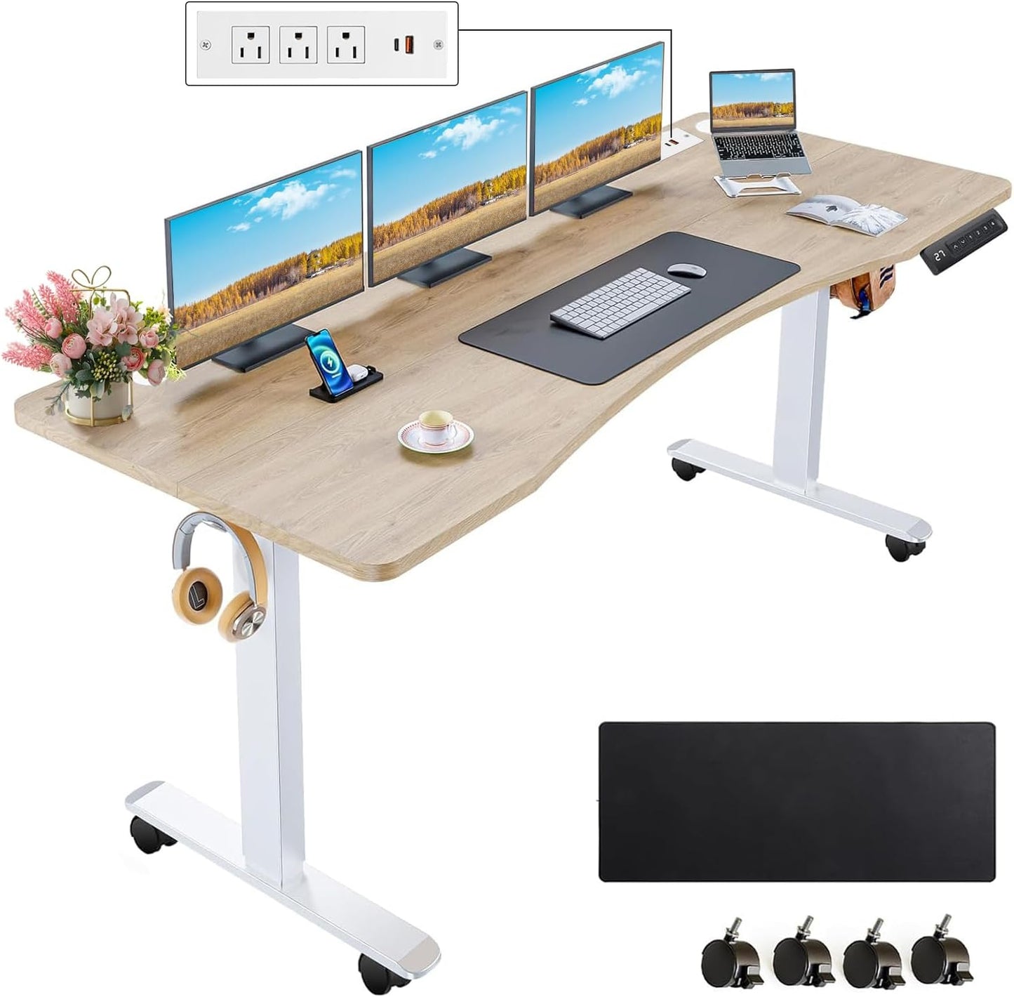 Electric Standing Desk 63 x 24 Inches Adjustable Height Ergonomic Sit Stand Up Desk Curved for Home Office Computer Workstation with 2 USB Ports 3 Power Outlets Memory Preset Wheels, Oak