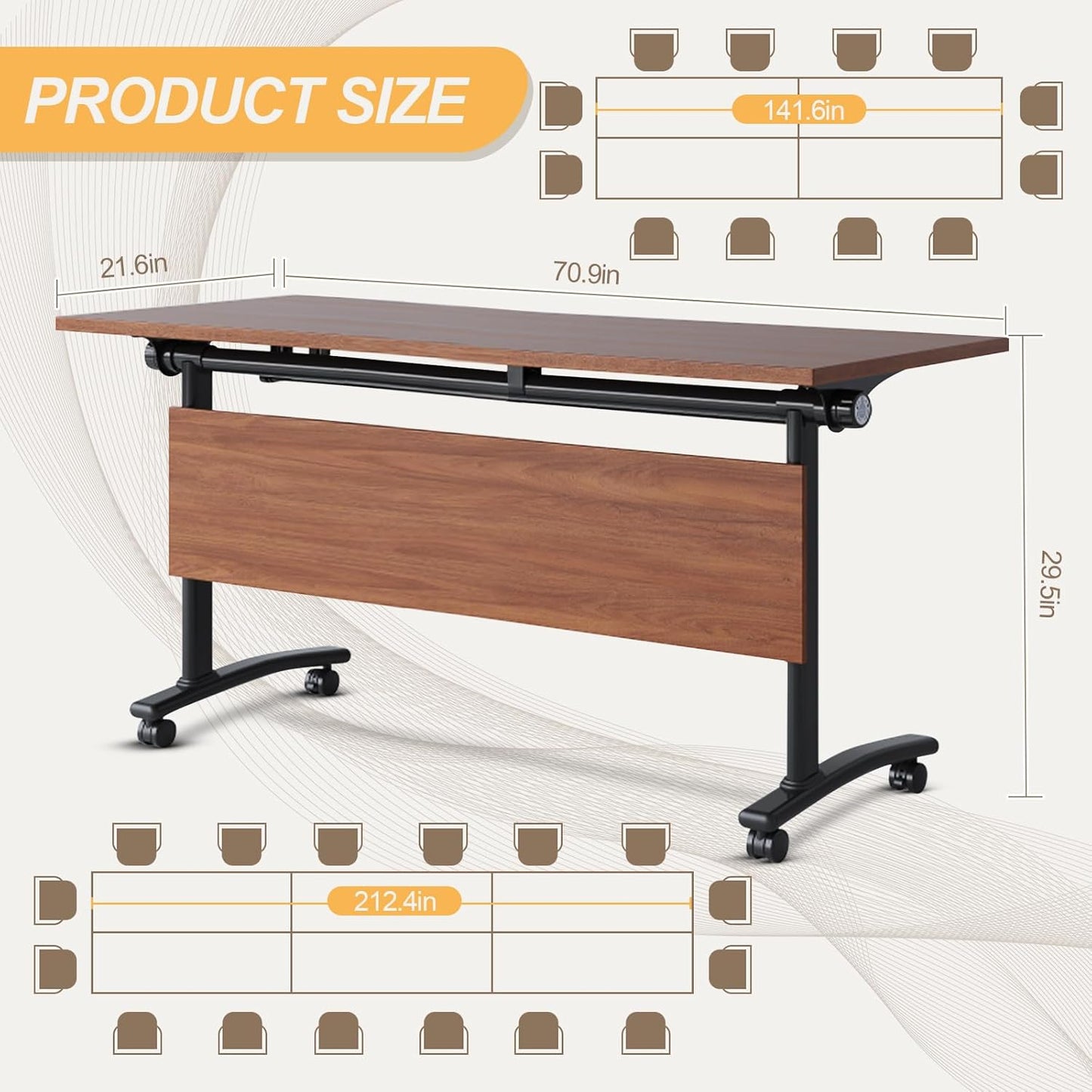 Conference Room Table with Silent Wheels, Mobile Folding Conference Table for 16 Person,Flip Top Office Training Tables with Walnuts Wood Tabletop, for School,Business Meeting Rooms (6Pack 71in)