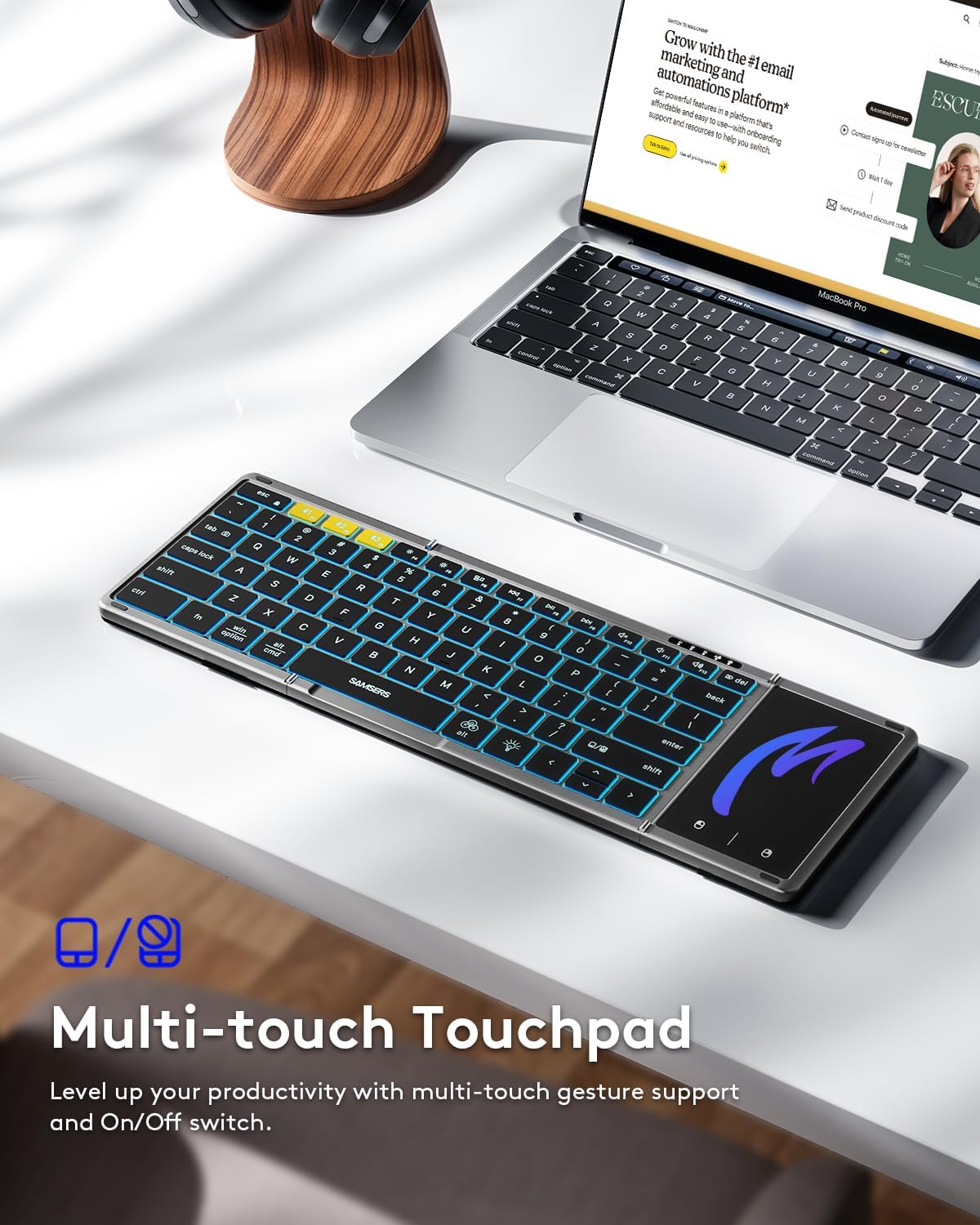 Samsers Foldable Bluetooth Keyboard with Touchpad, Full-Size Wireless Folding Keyboard with Backlight, Portable Travel Keyboards for iOS Android Windows Mac OS, Support 3 Device(BT5.1 x 3), Gray