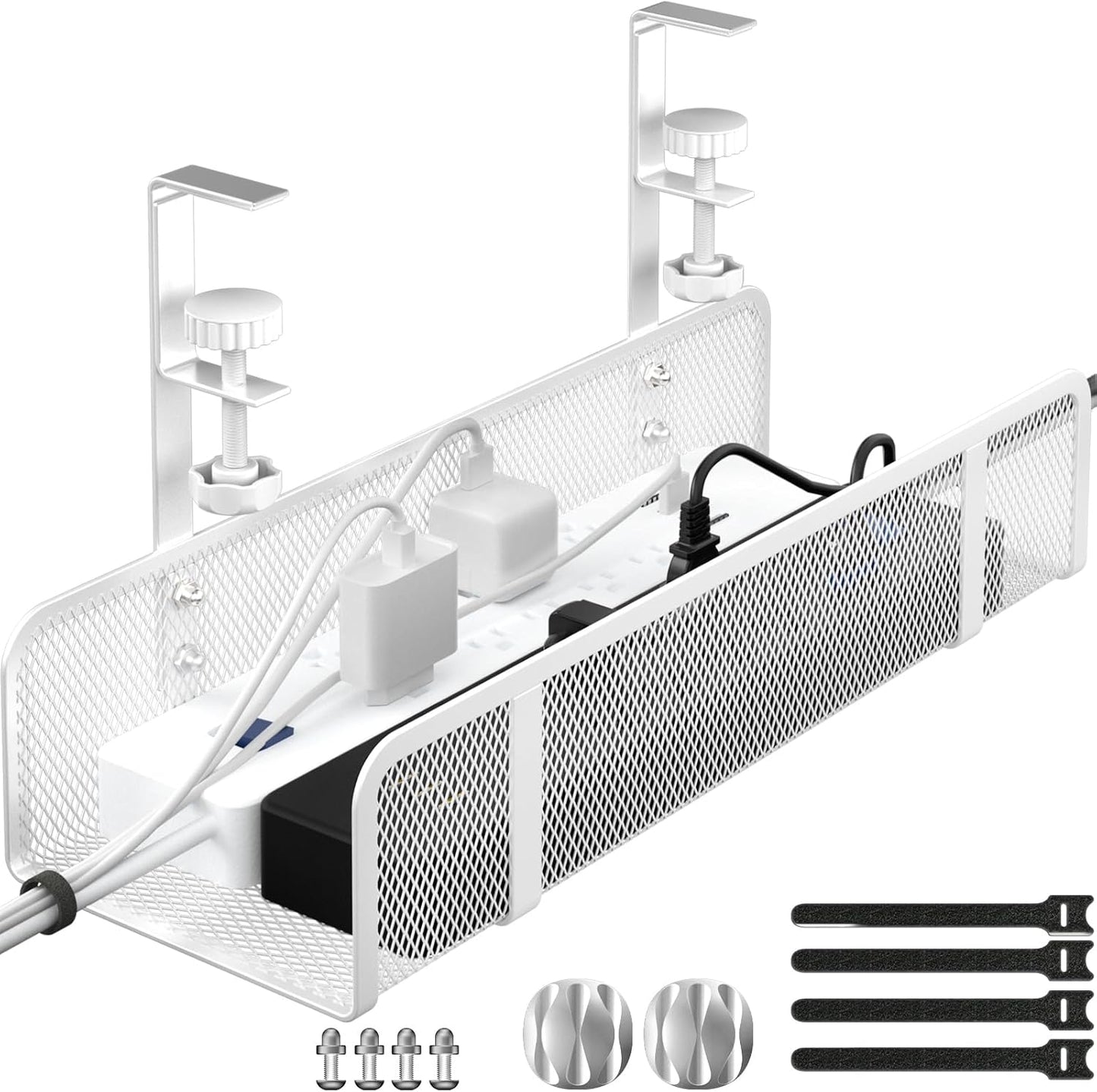 Under Desk Cable Management Tray, Wire Management Desk Cable Organizer Cable Management Box, Cord Organizer Under Desk Storage Cable Raceways for Office, Home - No Damage to Desk No Drill