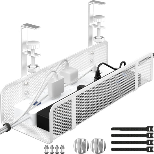 Under Desk Cable Management Tray, Wire Management Desk Cable Organizer Cable Management Box, Cord Organizer Under Desk Storage Cable Raceways for Office, Home - No Damage to Desk No Drill