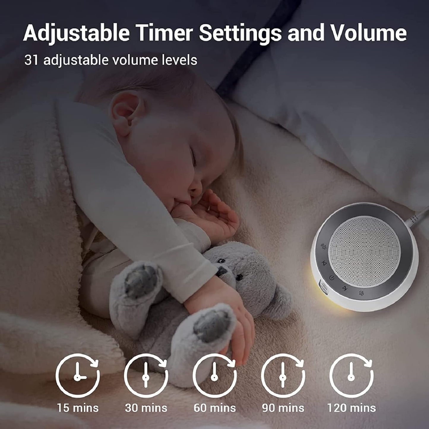 BGOVERSS White Noise Sound Machine with 20 Soothing Sounds, 10 Colors Night Light Sleep Machines Home Office Travel, 5 Timers and Memory Feature Sound Machine for Nursery Baby Kids Adults (Black)