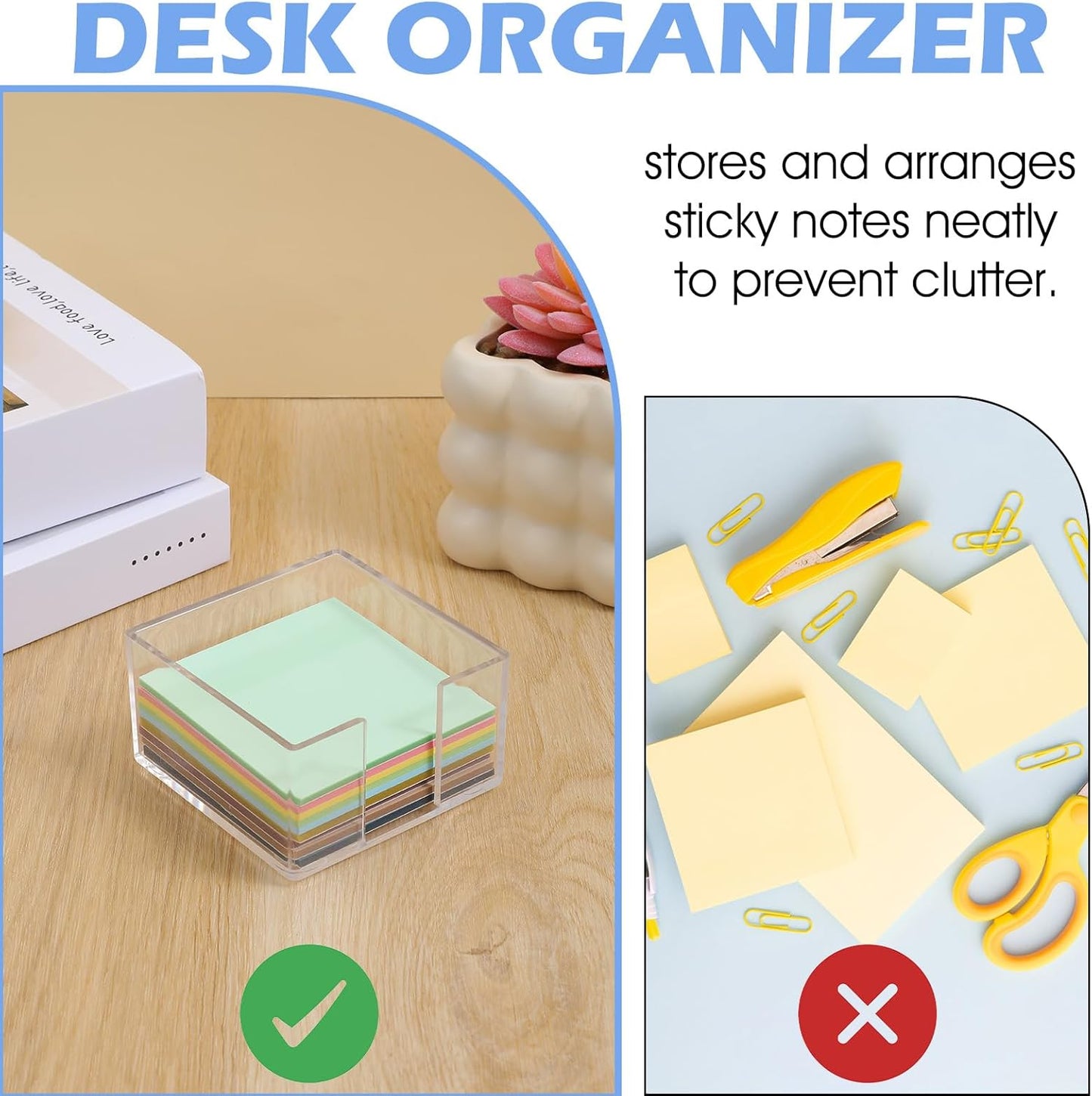 Clear Sticky Note Holder, Sticky Note Dispenser with Non-Slip Pad, Acrylic Desk Accessories, Aesthetic Office Supplies Organizer for Home Office Dorm Room (3.35 × 3.35 × 1.77 Inches)