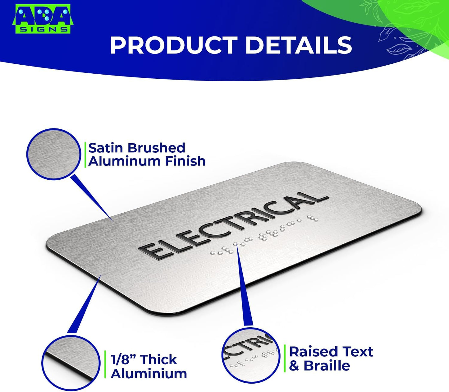 Electrical Room Sign for Business - Office Signs, Aluminum Brushed Silver, Tamper-Proof, Heavy Duty Mounting Tape, Easy Install, Office Décor, ADA Compliant, Grade 2 Braille (7” W x 4” H) ADASigns.org
