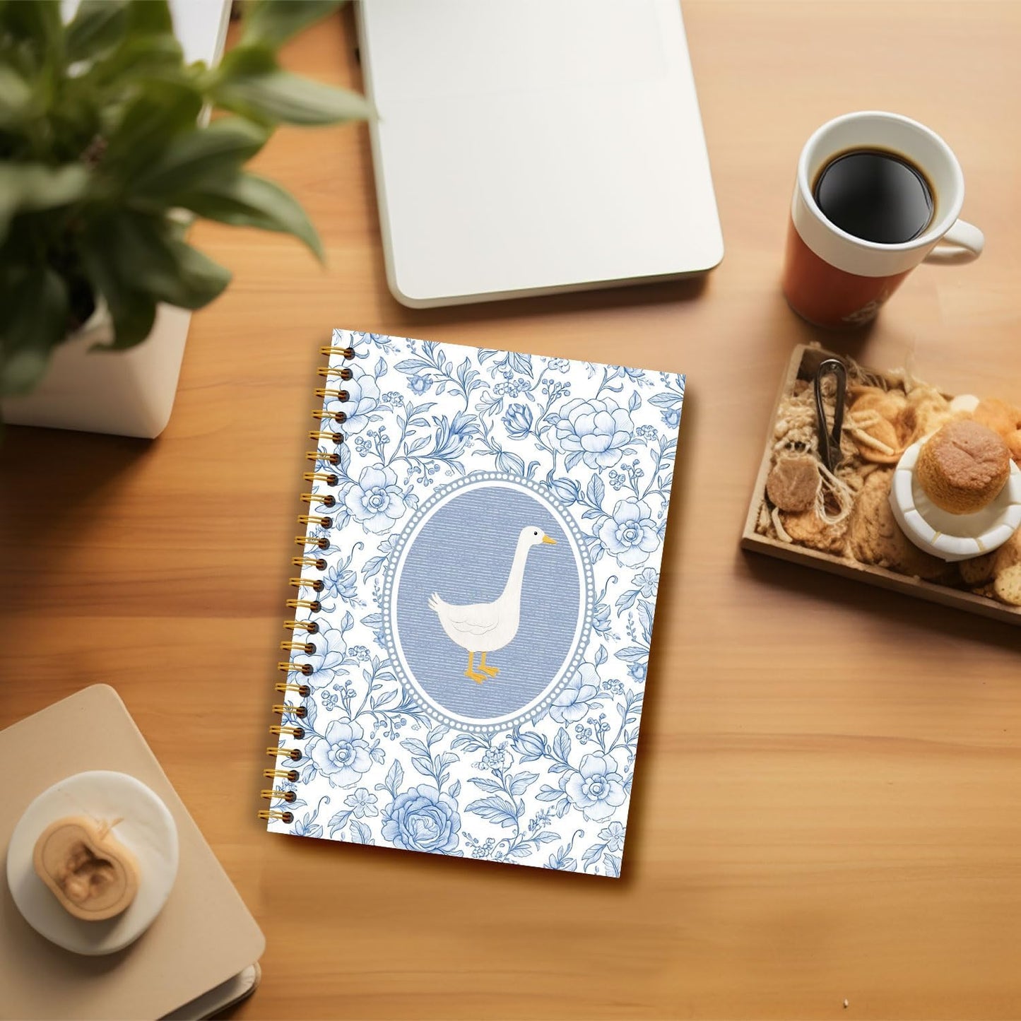 Guymn Chinoiserie Floral Goose Notebook, Goose Animal Lover Gifts Journal for Kids Girls, Blue and White Grandmillennial Geese Hardcover Spiral Notebooks Journals 5.5x8.3 Inch