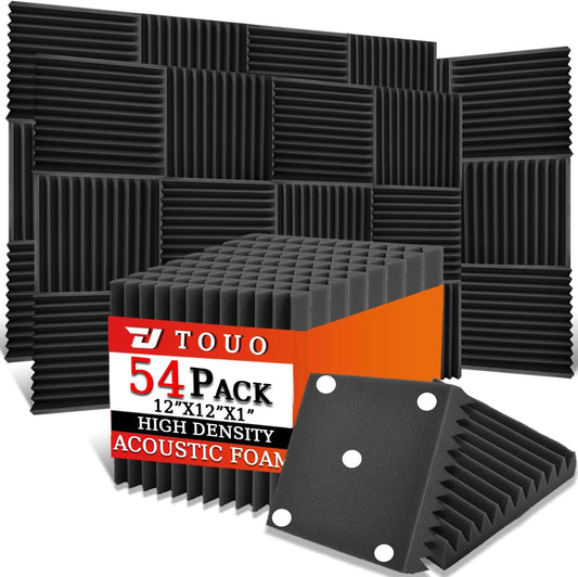 54 Pack Acoustic Panels – Sound Proof Foam Panels for Wall 12"x12"x1", Flame Retardant Wedge Acoustic Foam, High-Density Sound Absorbing Panels for Home Studio(Black, 1" Thick 54 Pack)