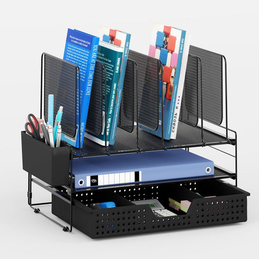 Desk Organizer, Office Organization with Vertical File Holder, File Organizer with Drawer and Pen Holder, Desk Accessories and Workspace Organizers for Home Office (Black)
