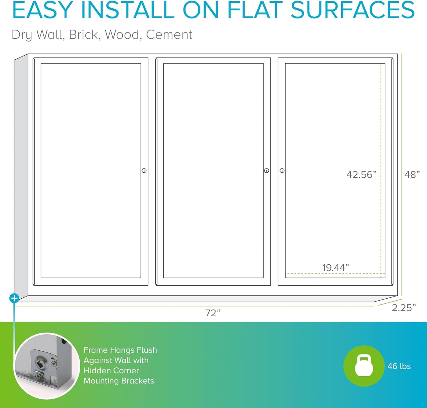Ghent 48"x72" 3-Door Outdoor Enclosed Vinyl Bulletin Board, Shatter Resistant, with Lock, Satin Aluminum Frame - Ebony (PA34872VX-183), Made in the USA