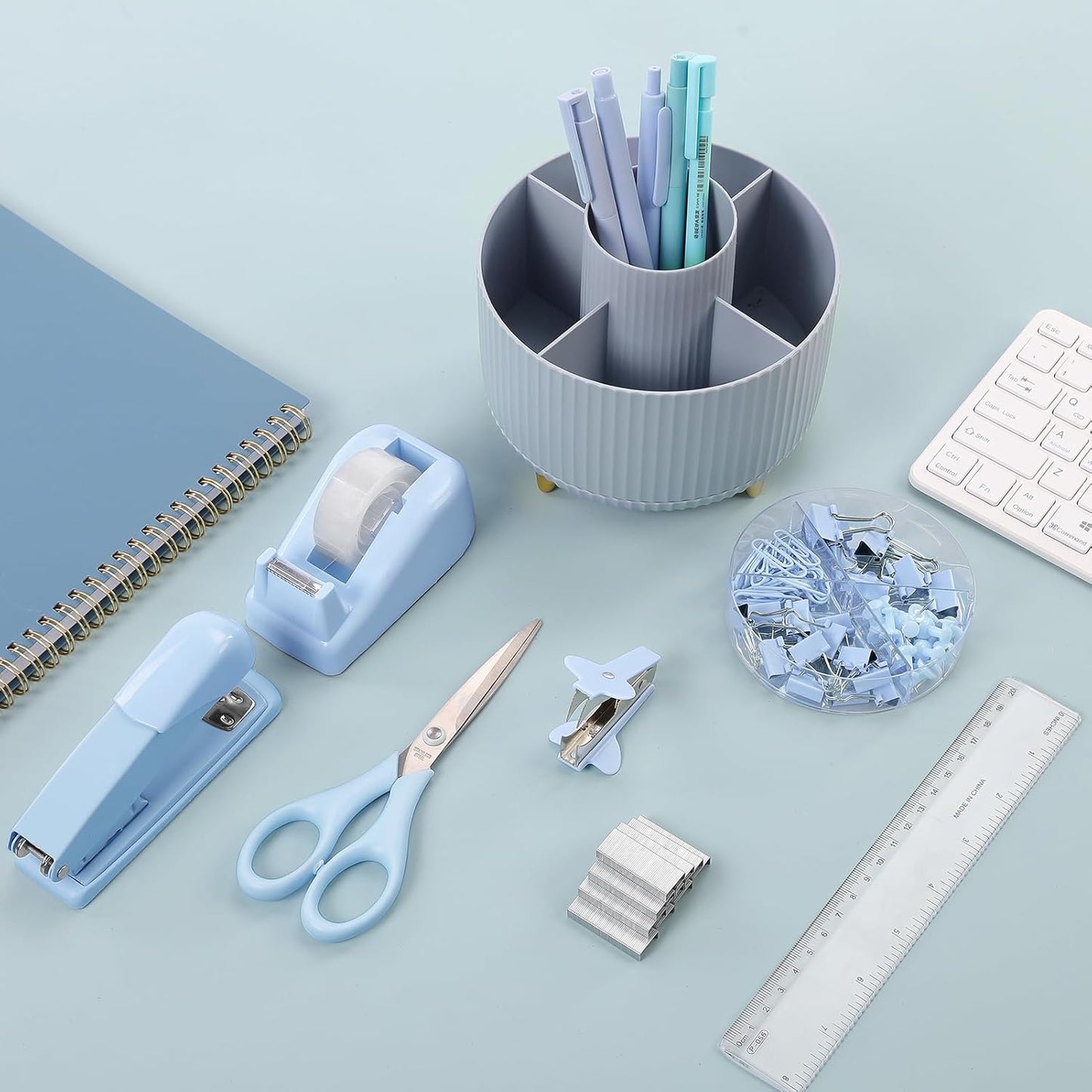 SKYDUE Desk Organizers and Accessories 10Pcs, 360-Degree Rotating Pen Holder, Stapler, Staple Remover, Tape Dispenser,2pcs Tape Refills, Binder Paper Clips Kit, Scissor (Blue)