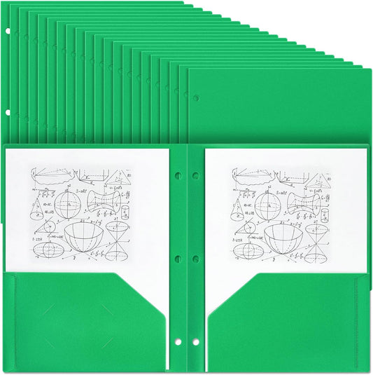 Yeaqee 100 Pcs Plastic Folders with Pockets Bulk 3 Hole Punched 2 Pocket File Folders for 3 Ring Binder Divider Folder for Notebooks, Durable Poly for Office Home (Green)