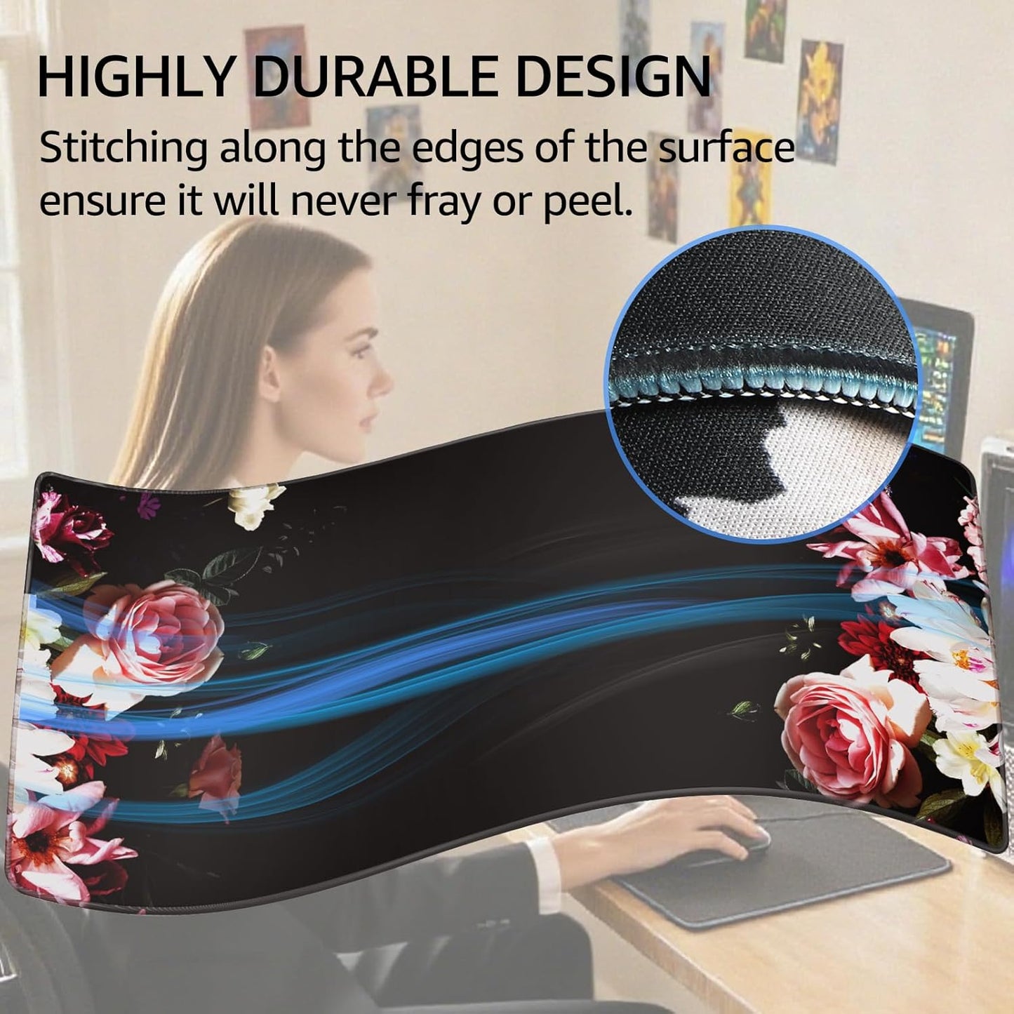 KTRIO Large Gaming Mouse Pad with Stitched Edges, Extended Mousepad with Superior Micro-Weave Cloth, Non-Slip Base, Water Resist Keyboard Pad for Gamer, Office & Home, 31.5x15.7in, Peony Flower