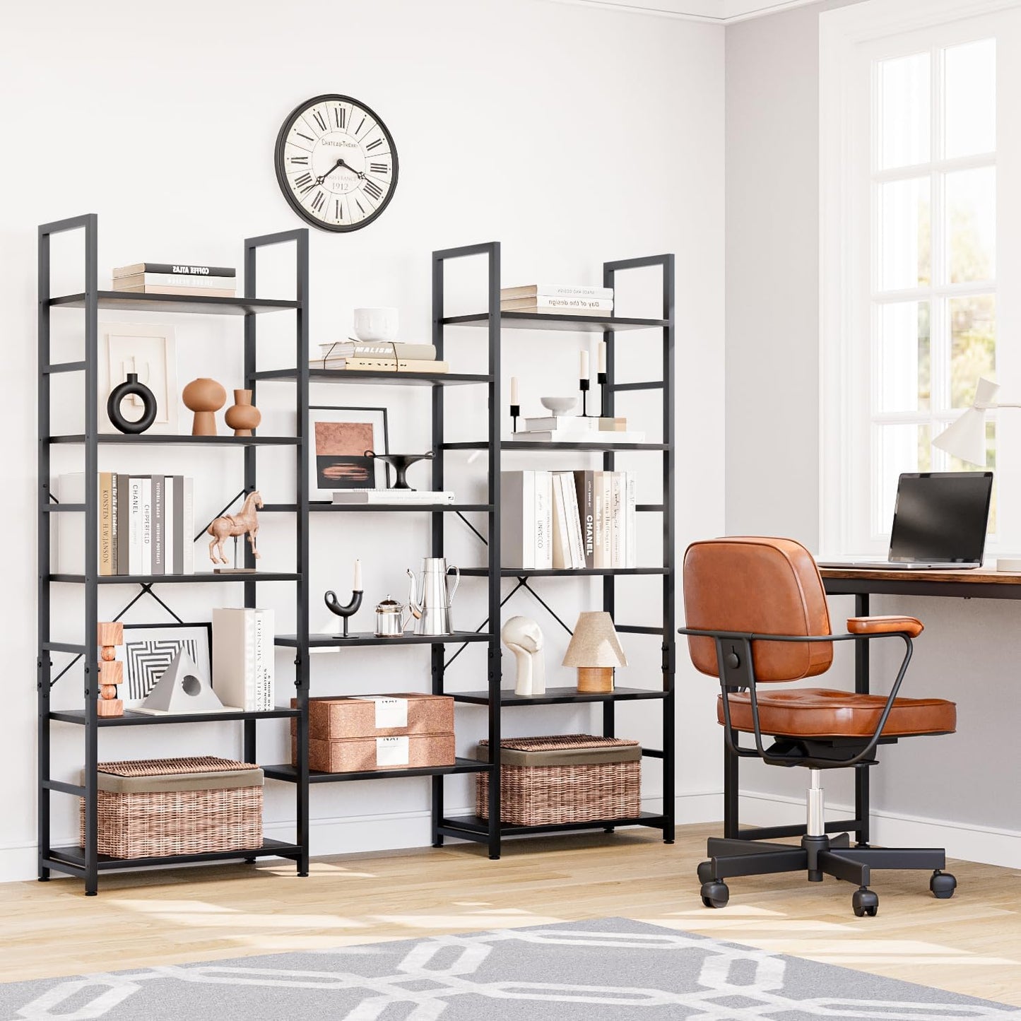 NUMENN Triple 5 Tier Bookshelf, Wide Book Shelf with 14 Open Display Shelves, Modern Tall Bookcase Furniture for Living Room Home Office, Black
