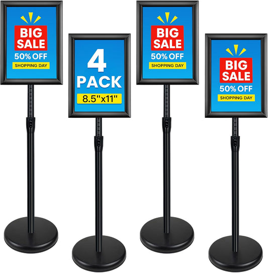 4Pack Sign Holder Stand - 8.5x11 Inch Adjustable Floor Standing Sign Stand for Display, Pedestal Poster Stand for Vertical & Horizontal View, Indoor & Outdoor Use for Business & Store - Black