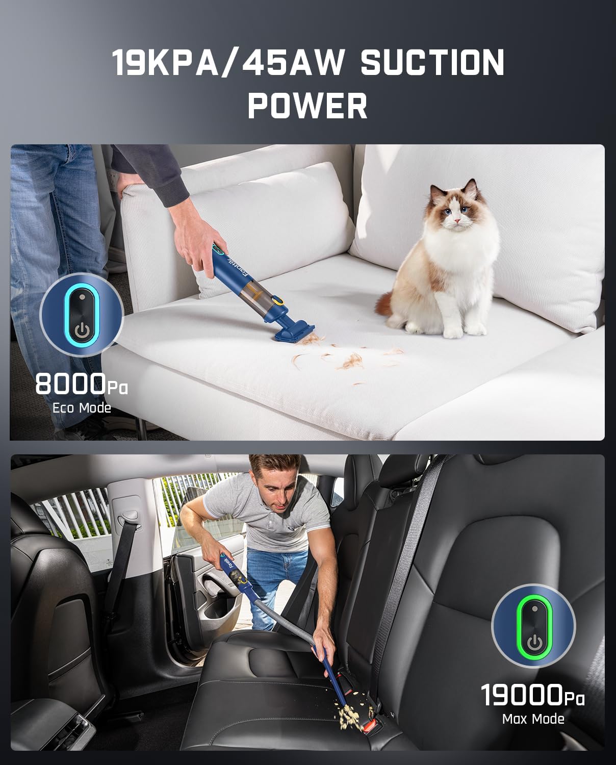Fanttik Slim V8 APEX Car Vacuum, 4-in-1 Portable Mini Cordless Vacuum with 19000pa Suction Power, Type-C Charge, 2 Suction Modes, Handheld Vacuum for Small Jobs, Car, Office Desk, Keyboards (Blue)