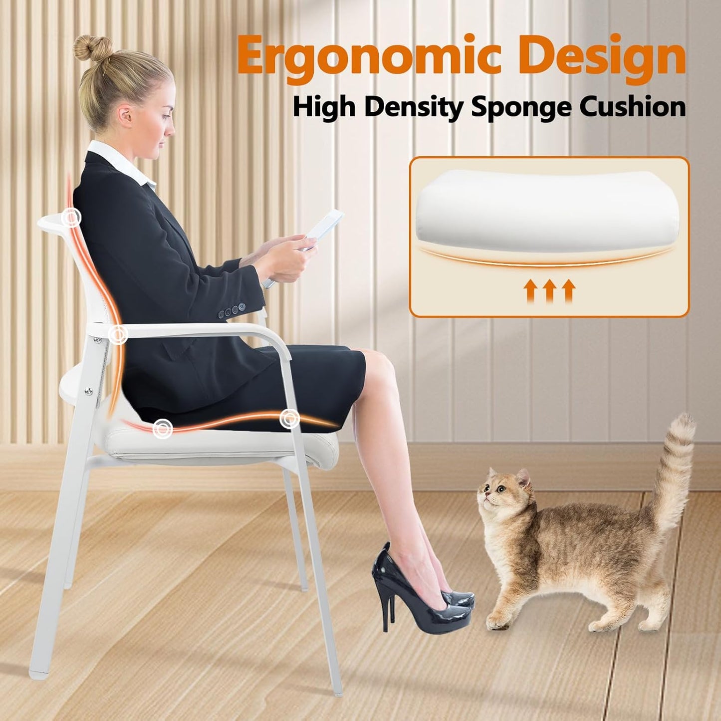 CLATINA Stacking Office Chairs | Mesh Back, Thicken Leather Seat and Arms, Ergonomic Lumbar Support | Guest Reception, Waiting, Conference, School, Party, Customer, Side, Stationary | Set of 4, White