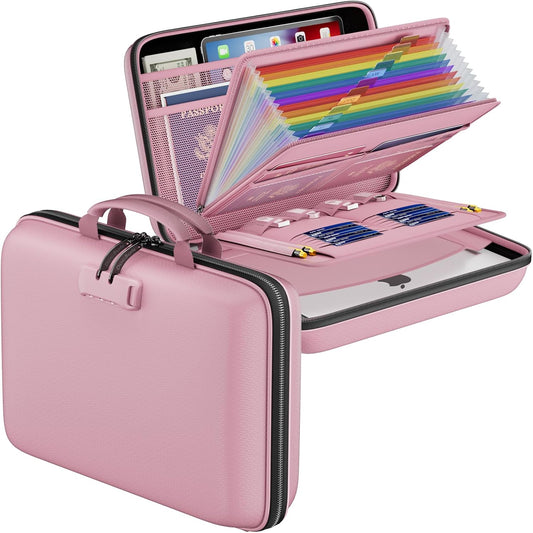 DocSafe Fireproof File Organizer with Lock, Hard-Shell Case Fireproof Document Box with 13 Pocket Accordion File Folder, Portable Home Office Travel Safe Storage for Important Documents Laptop Pink
