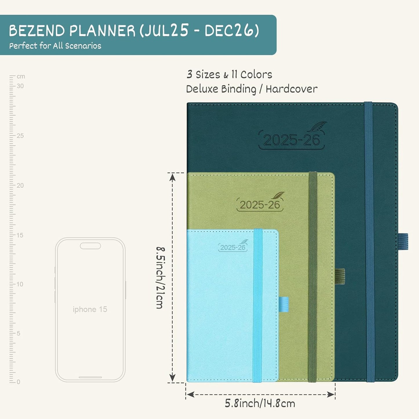 BEZEND Planner 2025-2026 Weekly and Monthly, 5.8" x 8.5" Academic Calendar (Jul 25-Dec 26) Vertical Daily Appointment with Hourly Timeslot & Monthly Tab, PU Leather Hardcover - Black