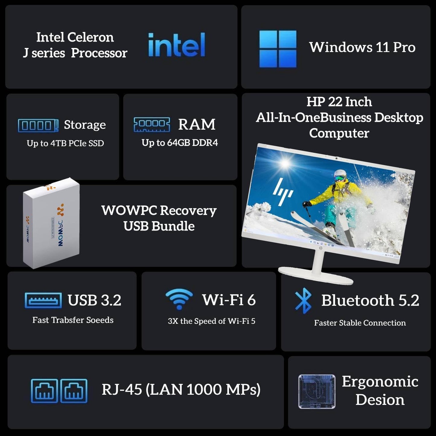 HP 2025 New 22 Inch All-in-One Desktop Computer • 8GB RAM • 128GB PCIe SSD • Intel CPU • Ultra-Quiet Design • Microsoft Office Trial • Wi-Fi 6 • White KB & Mouse • WOWPC Recovery USB • Windows 11