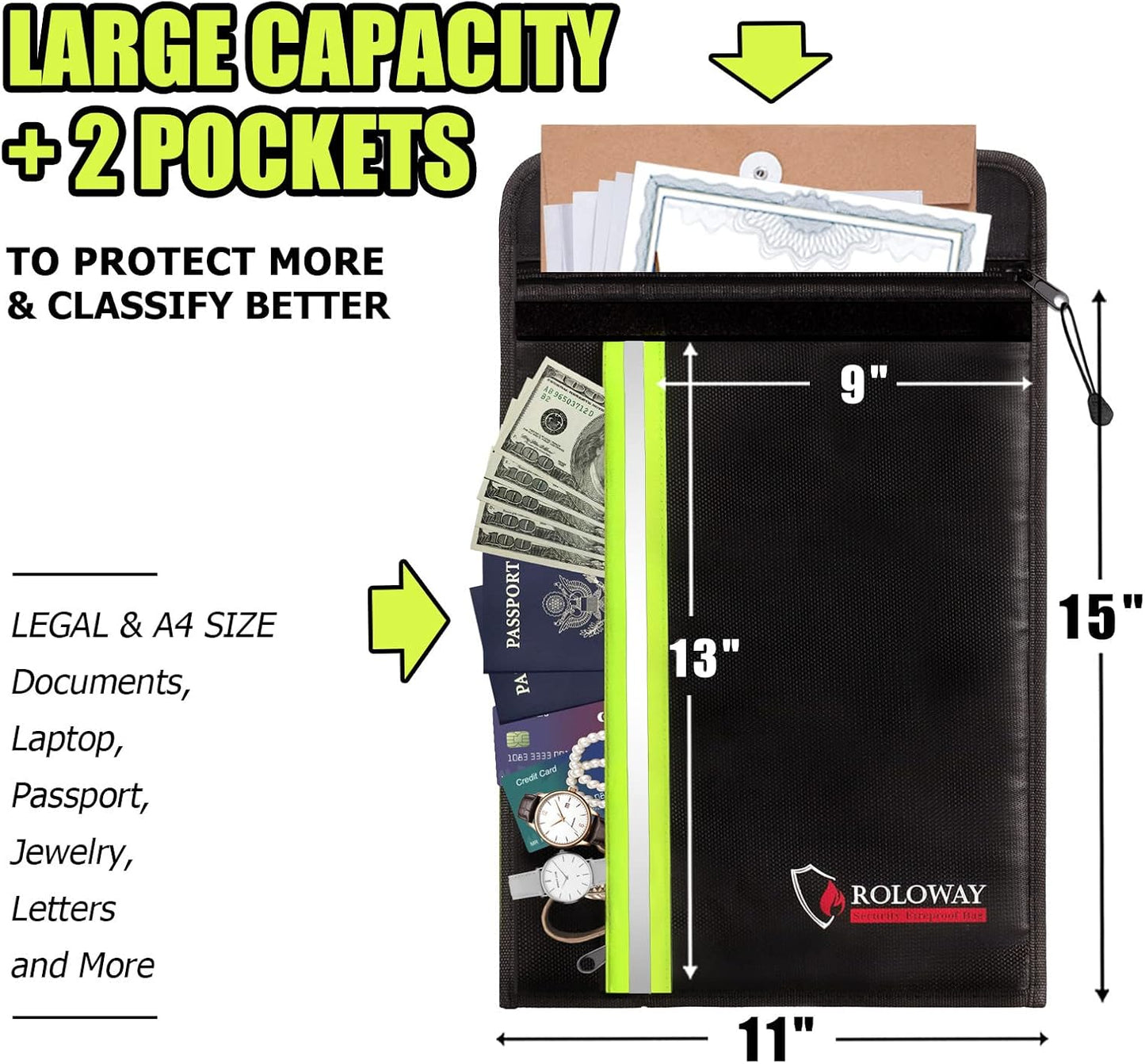 ROLOWAY Fireproof Envelope for Cash, Legal Documents Safe (15 x 11 inch) with 2 Pockets & Waterproof Zipper, Black