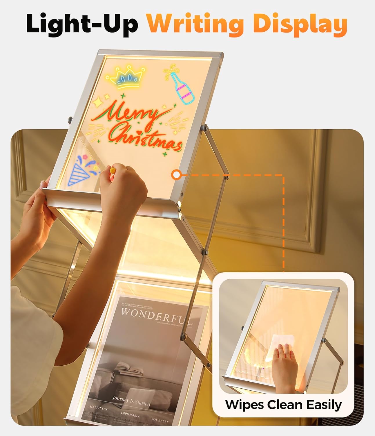 LED Magazine Rack Floor, Sleek Brochure Display with LED Message Writing Board, Mobile Magazine Holder for Trade Shows/Exhibition/Office/Restaurant/Menu Sign with Pens