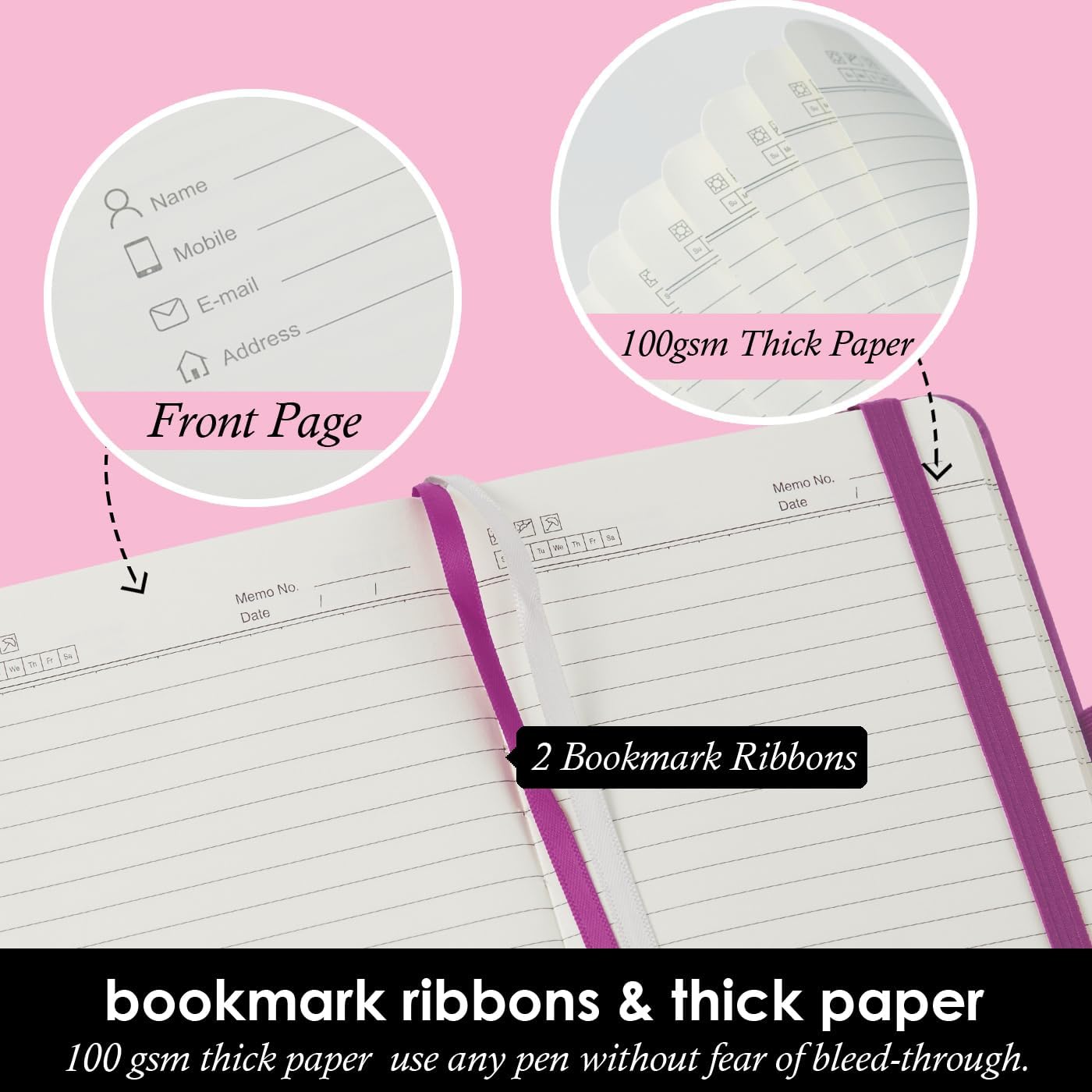 (3 Pack) Pocket Journal Notebook, Small Mini Notepad with Pens for Work, hardcover A6 Notebook 3.7" x 5.7" College Ruled with 100Gsm Premium Lined Paper, Pearlescent Purple