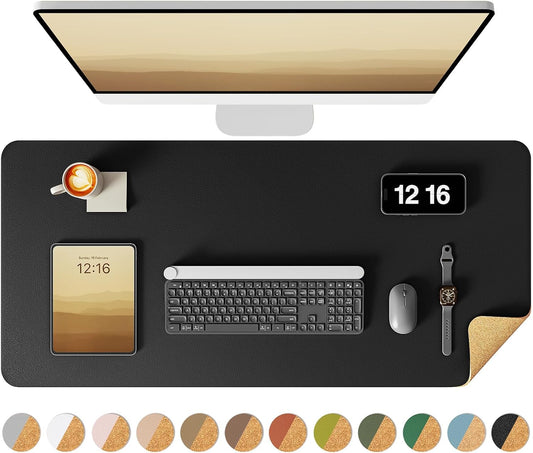 YSAGi Double-Sided Desk Pad, 31.5"x15.7"Leather Desk Mat, Eco Cork Desk Pad Protector,Large Mouse Pad,Waterproof Desk Blotter for Office/Home(Black)