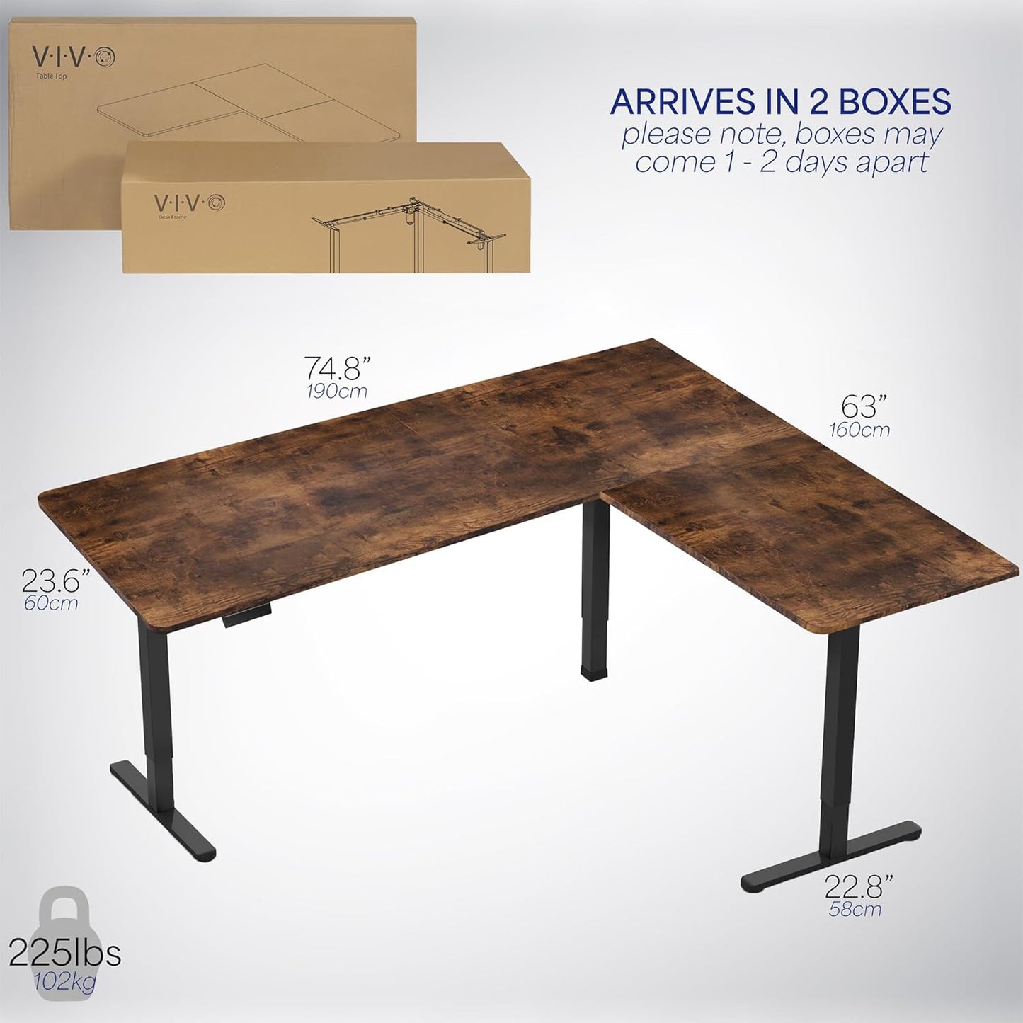 VIVO Electric Corner L-Shaped 75 x 63 in Rustic Standing Desk, Memory Height Adjustment, Vintage Brown Top Black Frame, DESK-E3CTN-75