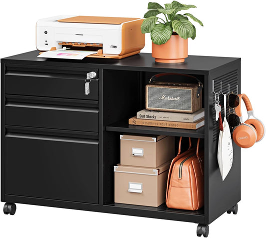 3 Drawer Metal File Cabinet with Lock,Mobile Lateral Filing Cabinet,Printer Stand Storage Cabinets with Shelves for Home Office(Black)
