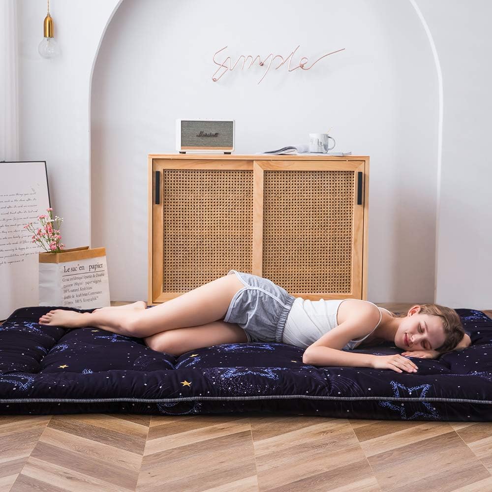 MAXYOYO Japanese Futon Mattress Floor Mattress Sleeping Pad Foldable Bed Roll Up Camping Cushion Floor Lounger Bed Couches and Sofas Couch Topper, Moon and Star, Full Size