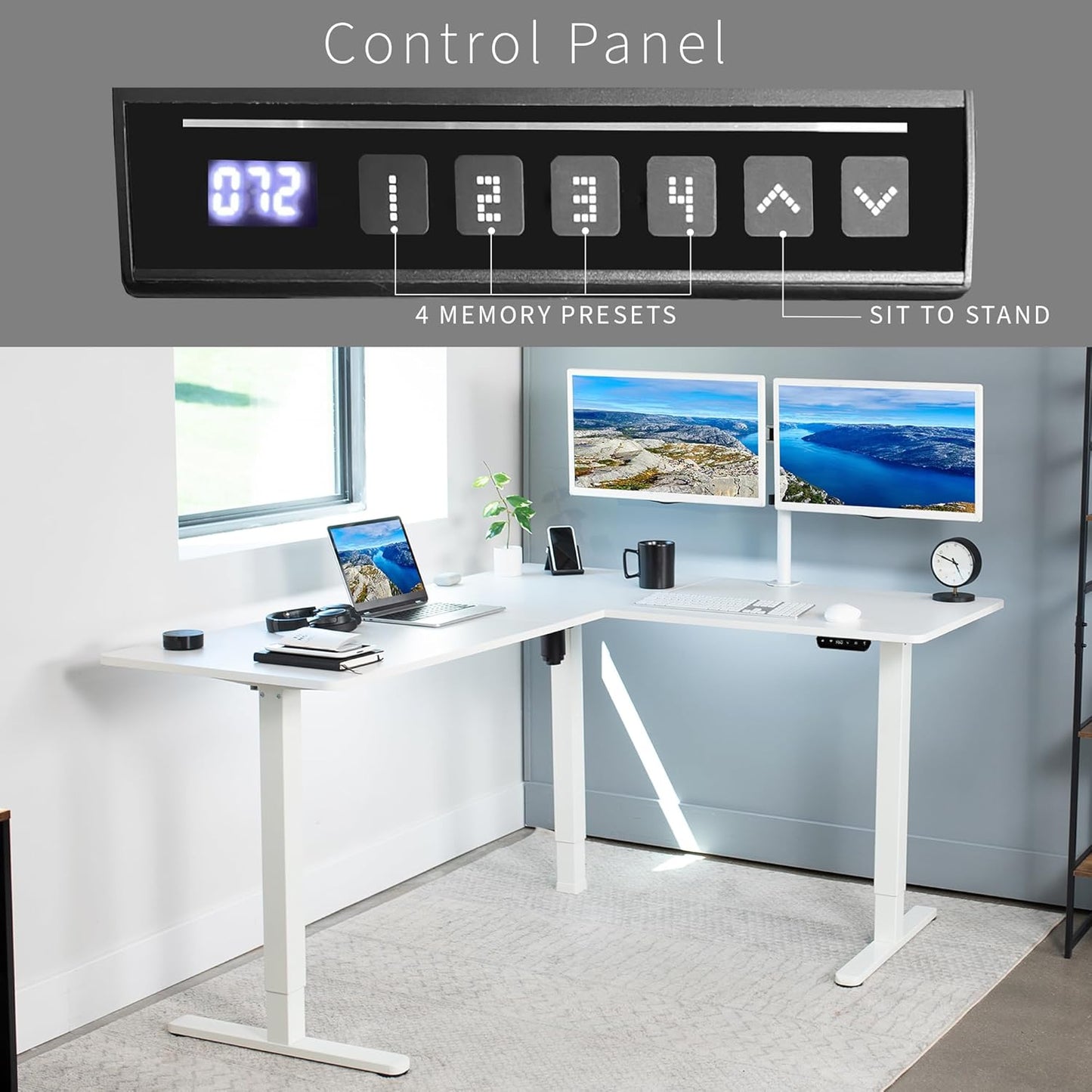 VIVO Electric Corner L-Shaped 63 x 55 in Standing Desk, Memory Height Adjustment, White Top White Frame, DESK-E3CTW