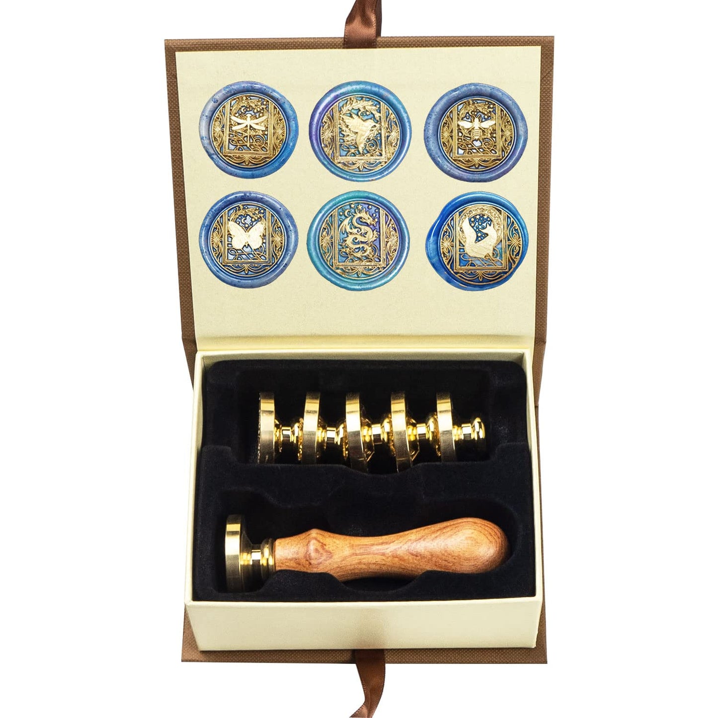 Animal Wax Seal Stamp Set with 6 PCS Removable Brass Heads and 1 Wooden Handle - Retro Starry Butterfly Dragonfly Bee Dragon Sealing Wax Stamp for Cards Invitations