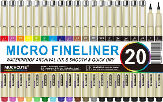 Muchcute Micro Fineliner Drawing Art Pens: 20 Set (12 Colors & 8 Black) Extra Fine Line Waterproof Ink Artist Supplies Archival Inking Ultra Thin Markers Sketch Sketching Watercolor Zentangle Stuff